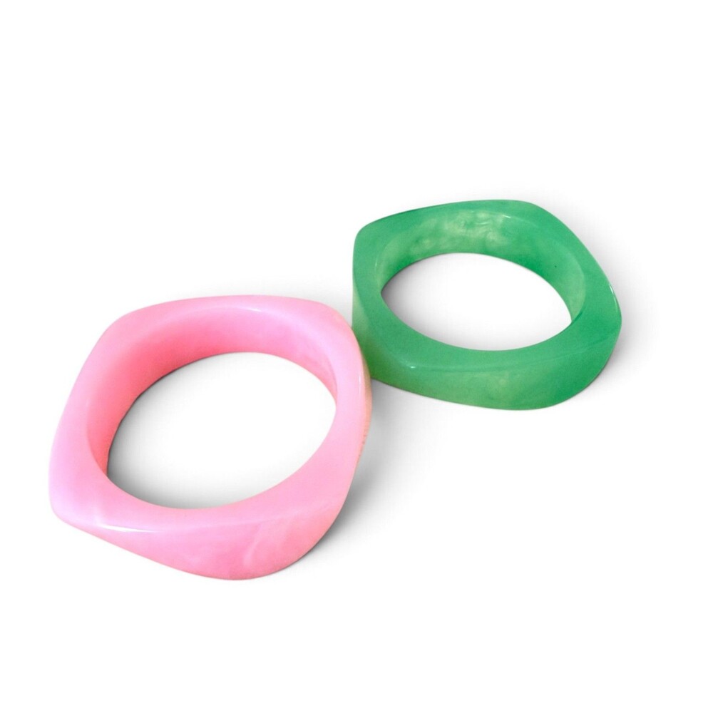 Vintage Resin Acrylic Square Bangle Bracelets Lot Pink Green Marbled Chunky Des